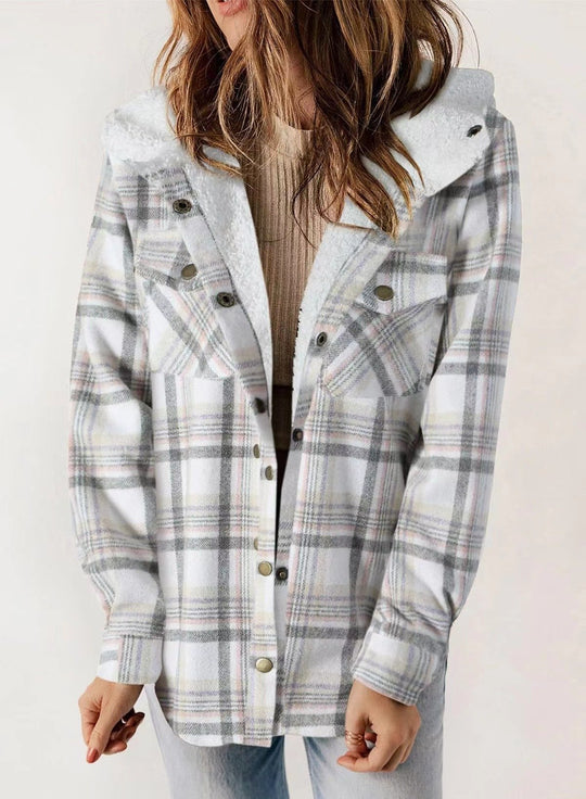 Retro Plaid Woolen Lamb Fleece Lined Thickened Hoodie Jacket