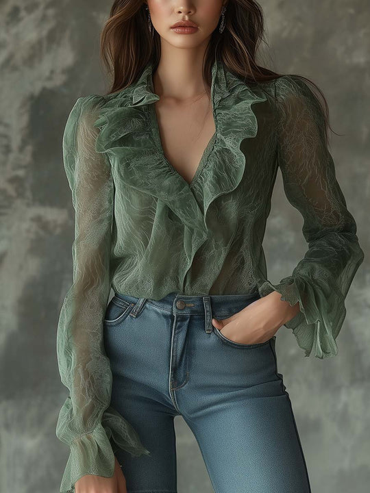 Romantic Green Ruffle Blouse