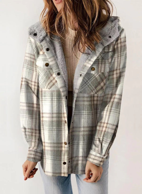 Retro Plaid Woolen Lamb Fleece Lined Thickened Hoodie Jacket