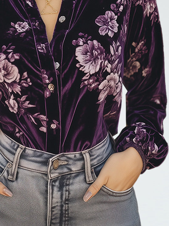 Casual Loose Vintage Velvet Printed Long Sleeve Shirt