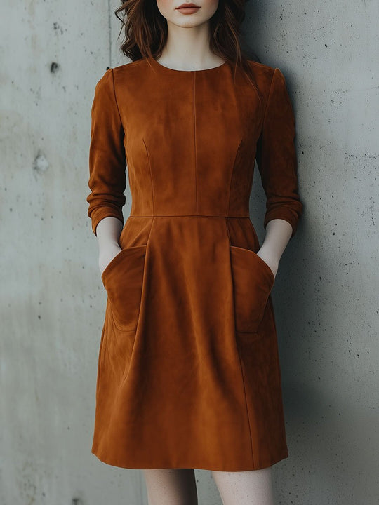 Elegant Three-quater Sleeves Pockets Suede A-line Dress