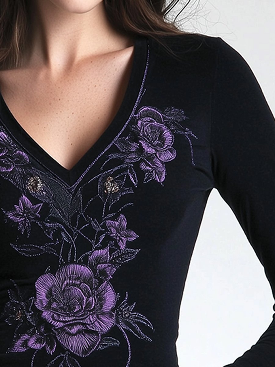 Casual V-neck Floral Embroidered Cotton Slim-fit Top