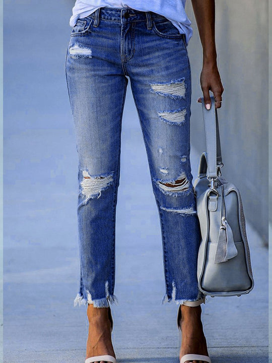 Washed Distressed Fringe Slim-fit High-stretch Jeans