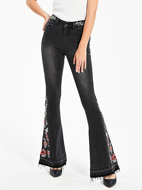 Elegant Embroidered Slim-fit Stretch Denim Flared Pants