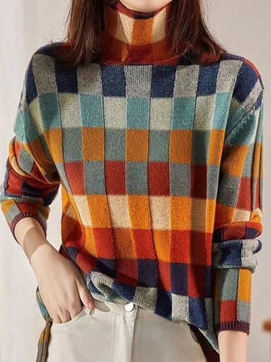 Colorful Checkerboard Wool Sweater with Turtleneck