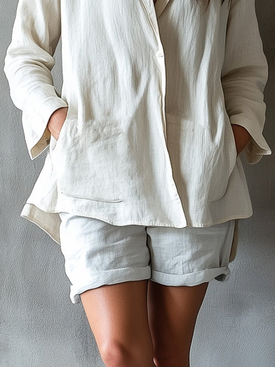 Casual and Comfortable Cotton and Linen Shirt and Shorts Set