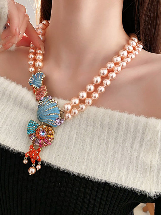 Vintage Diamond Dripping Shell Conch Pearl Necklace