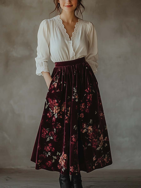 Women's Vintage Lace Blouse Velvet Skirt Set