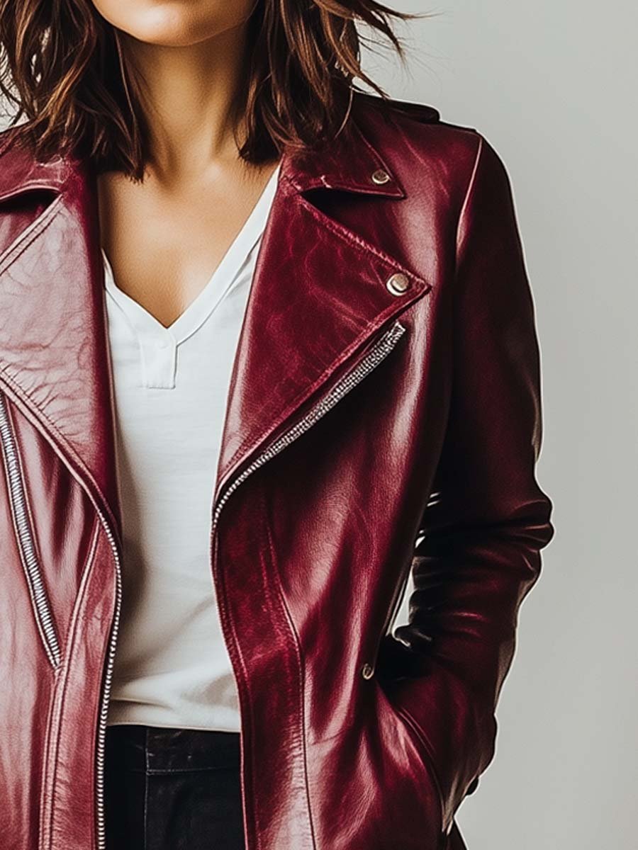 Women's Vintage Burgundy Zipper Leather Coat