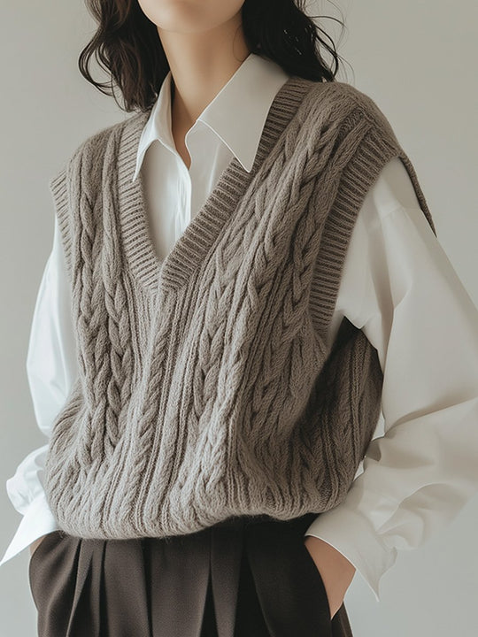 Casual V-neck Grey Wool Knitted Vest