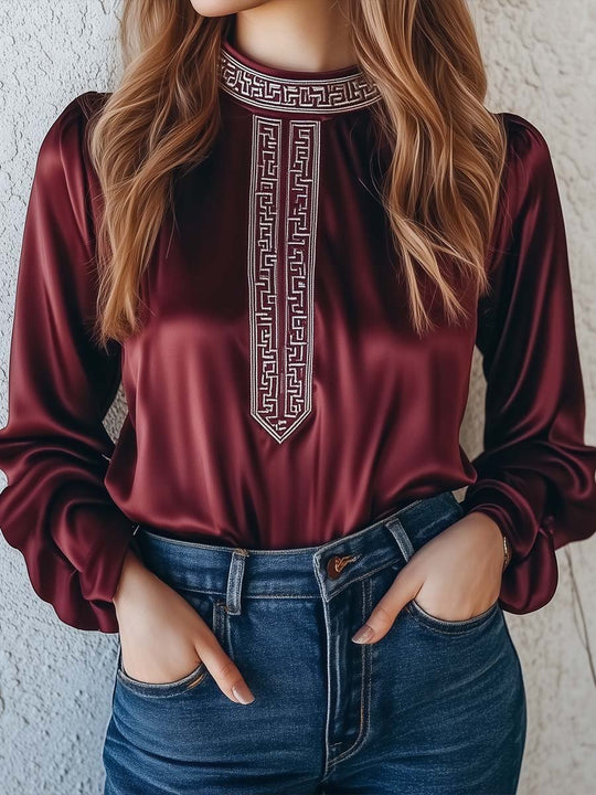 Women's Greek Maze Embroidery Long Sleeve Satin Shirt