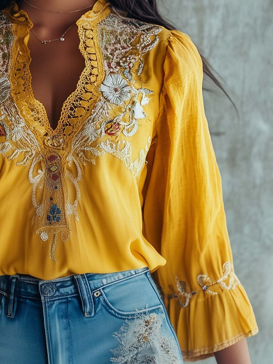 Sunshine Elegance Embroidered Mustard Blouse