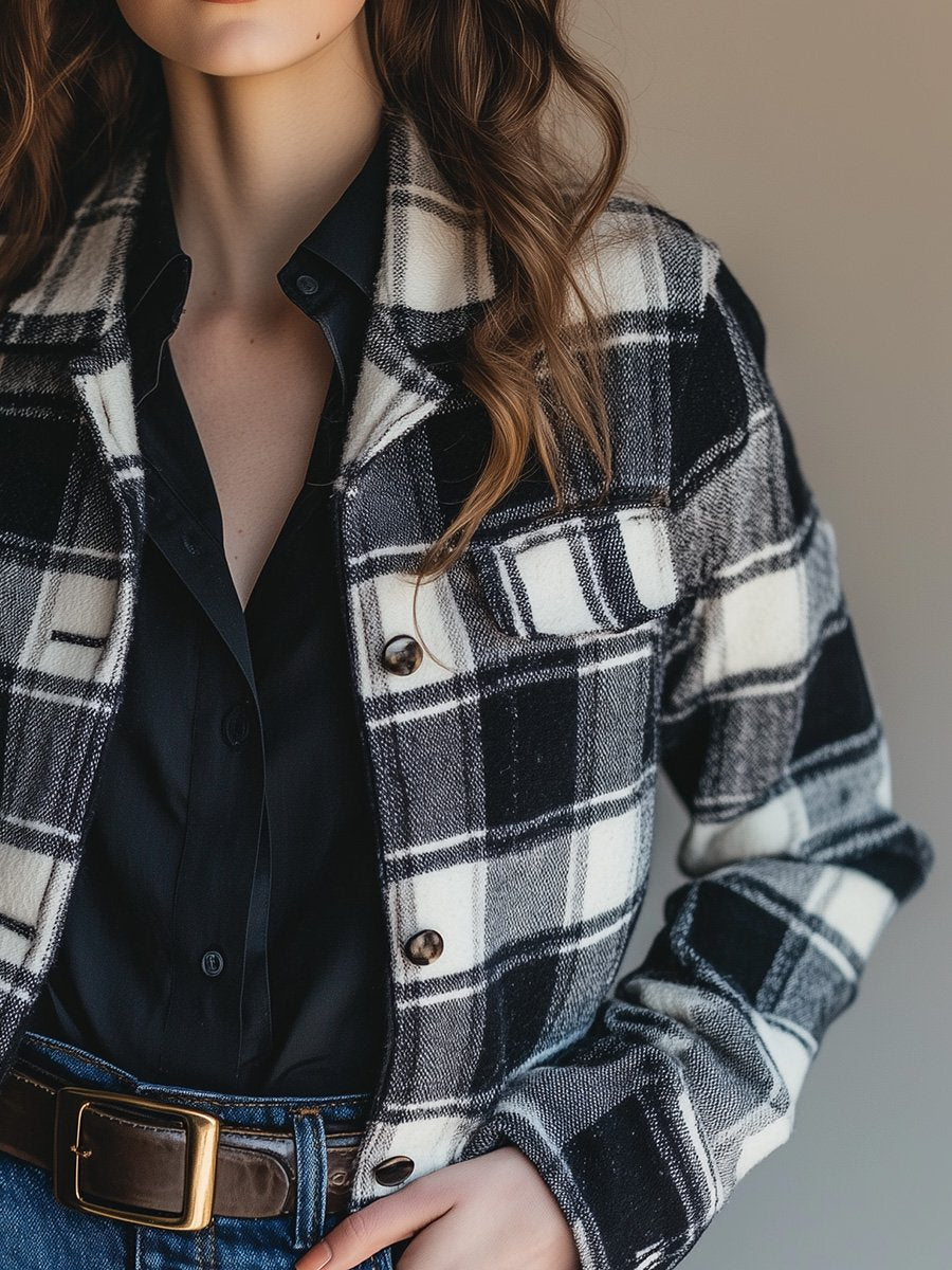 Retro Casual Lapel Plaid Short Jacket