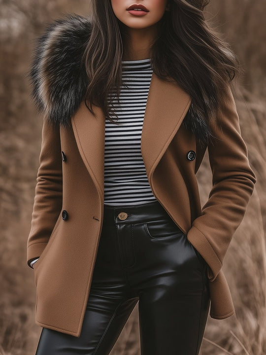 Retro Fur Collar Double-breasted Woolen Coat