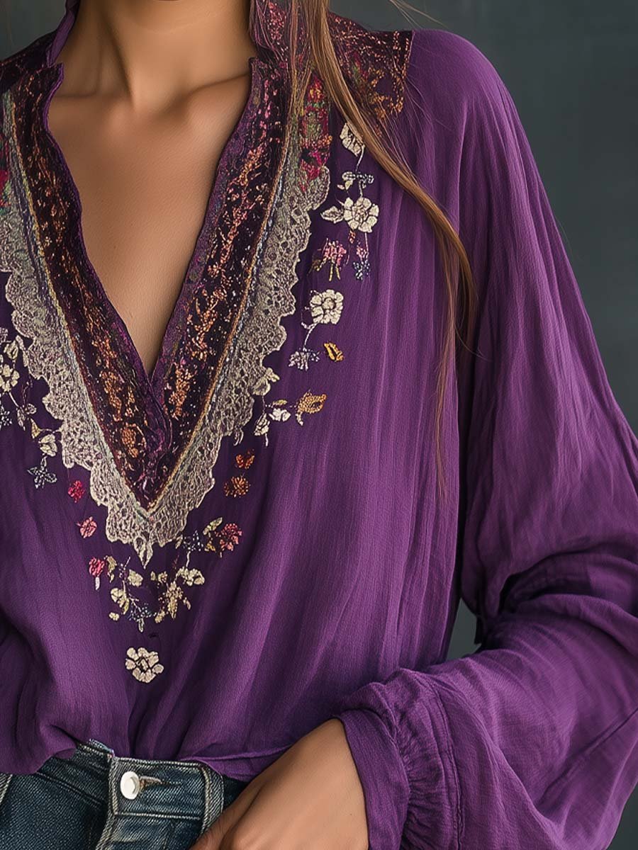 Majestic Plum Embroidered Boho-Chic Blouse