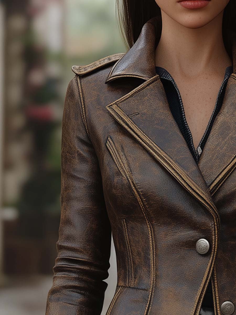 Vintage Lapel Button Leather Long Jacket