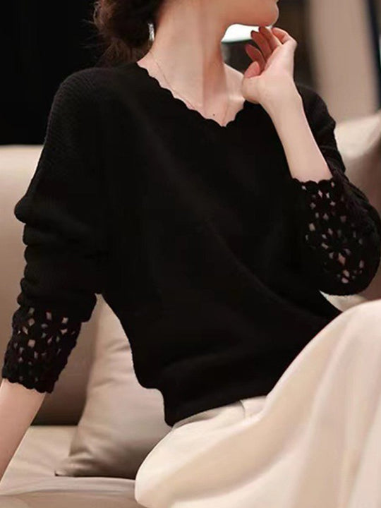 V-neck Hollow Stitching Long-sleeved Cashmere Sweater