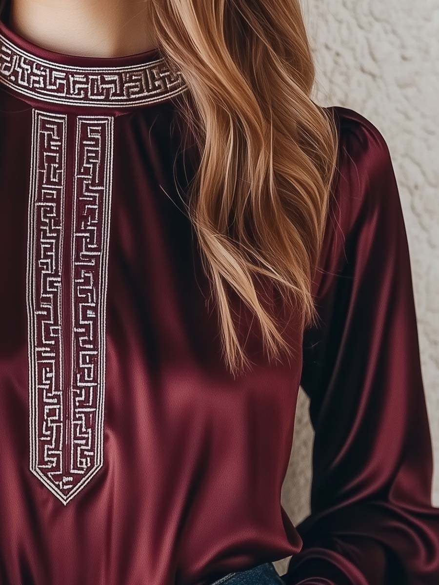 Women's Greek Maze Embroidery Long Sleeve Satin Shirt