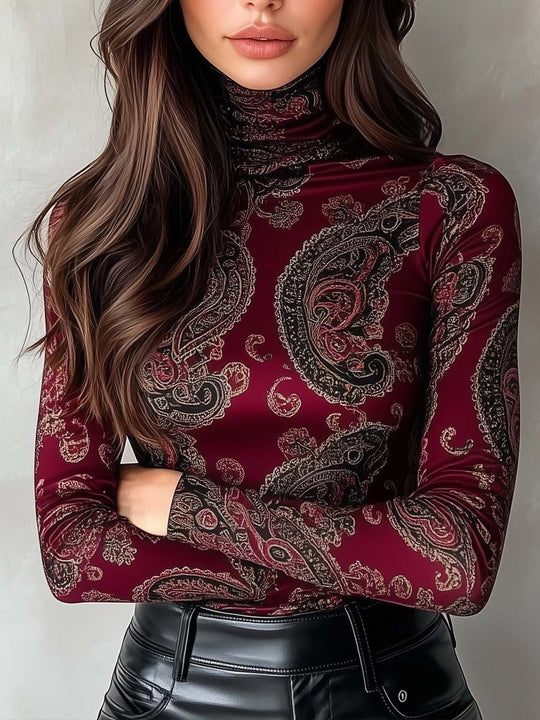 High Collar Slim Fit Paisley Long Sleeve T-shirt