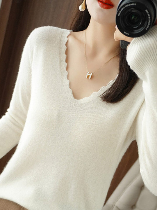 Elegant Lace V-Neck Pullover Warm Solid Color Sweater