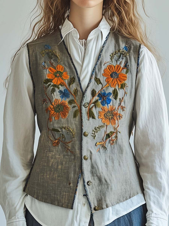 Rustic Floral Embroidered Button-Up Line Vest