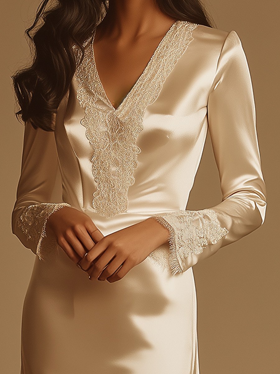 Elegant V-neck Satin Lace Long Sleeve Cocktail Dress