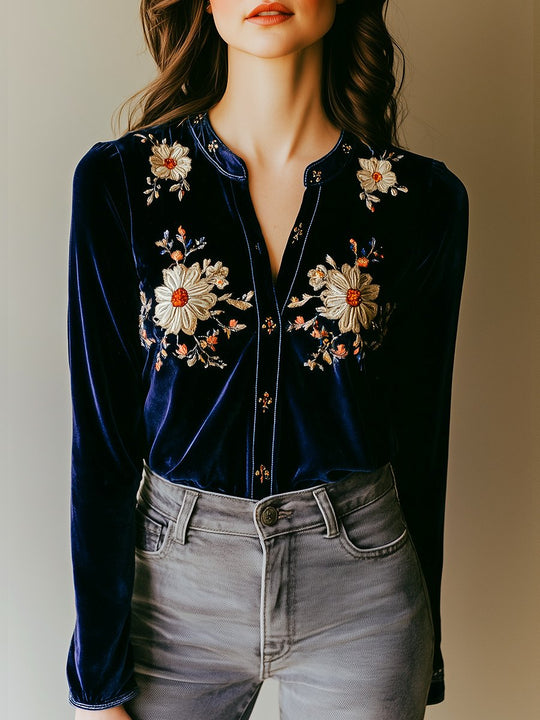 Chic Floral Embroidery Button Down Velvet Shirt