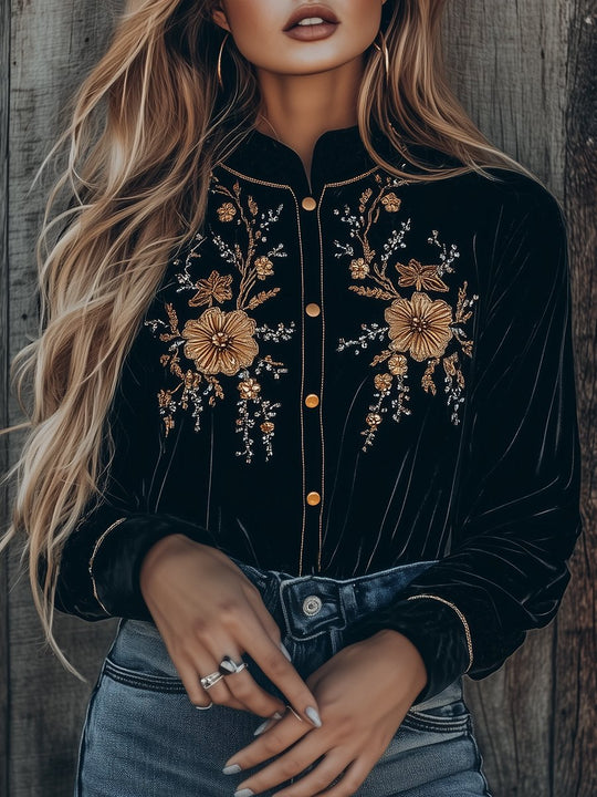 Boho Handmade Embroidery Stand Collar Button Down Shirt