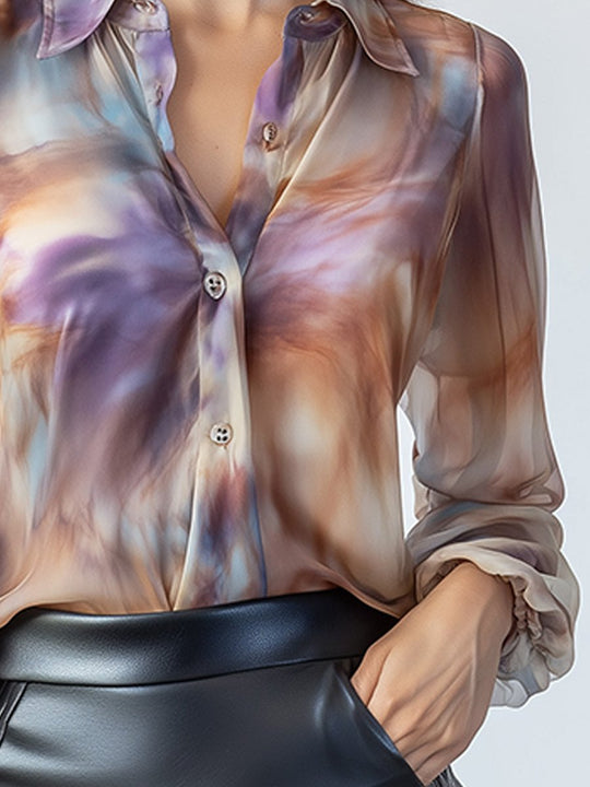 Retro Fashion Tie-Dye Satin Long Sleeve Shirt