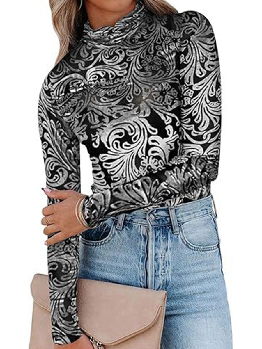 High Collar Velvet Burnt Flower Hollow Long Sleeve Bottoming Shirt