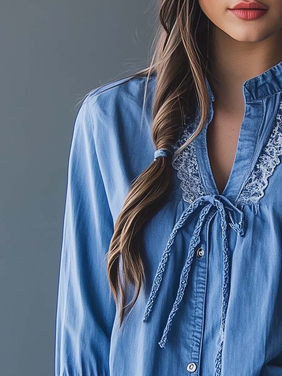 Women's Vintage Lace Cuffs Denim Shirt