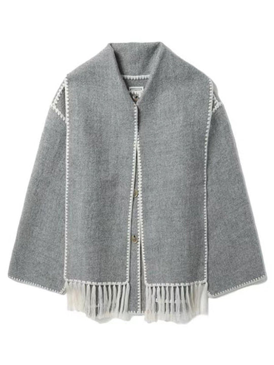 Fashionable Thickened Loose Scarf Tassel Woolen Coat