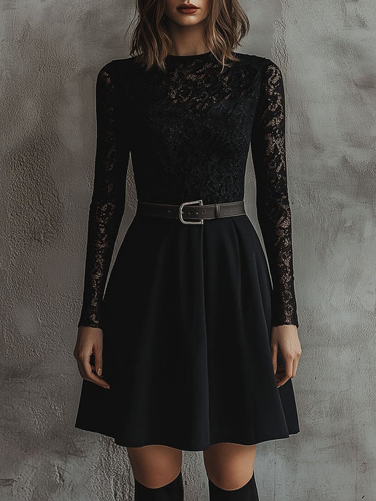 Round-neck Lace Patchwork Daily and Party A-line Black Dress