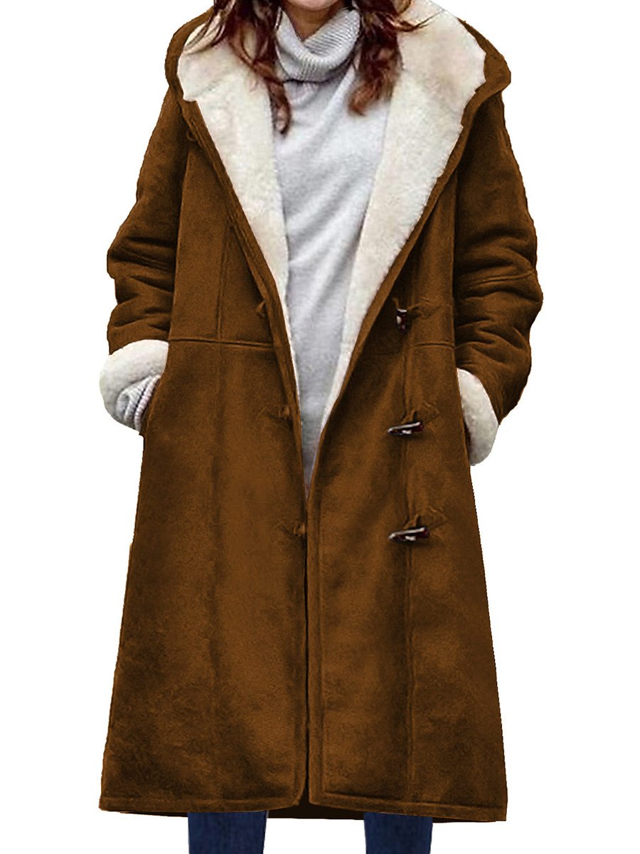 Suede Solid Color Horn Button Pocket Long Thick Plush Coat