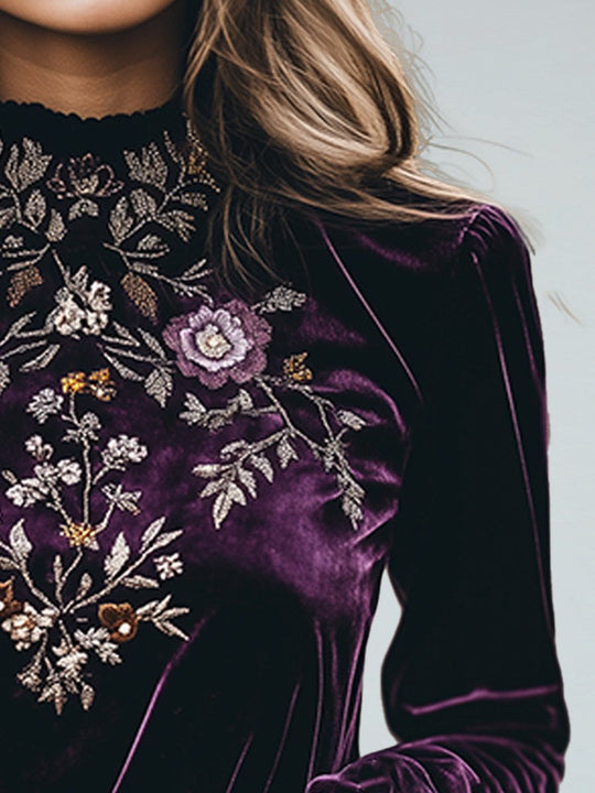 Elegant Embroidered Velvet Long-sleeved Top