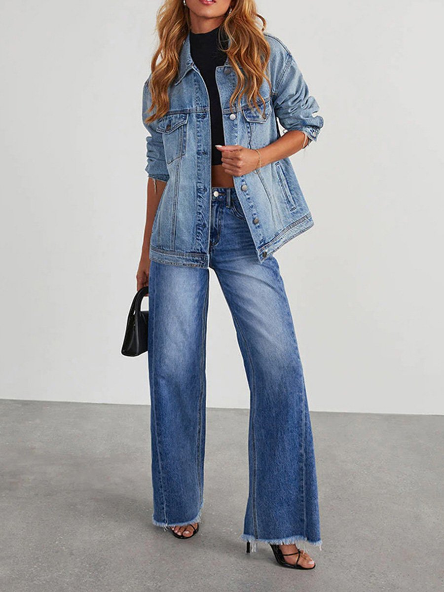 Casual Blue Stretch Denim Wide-leg Pants