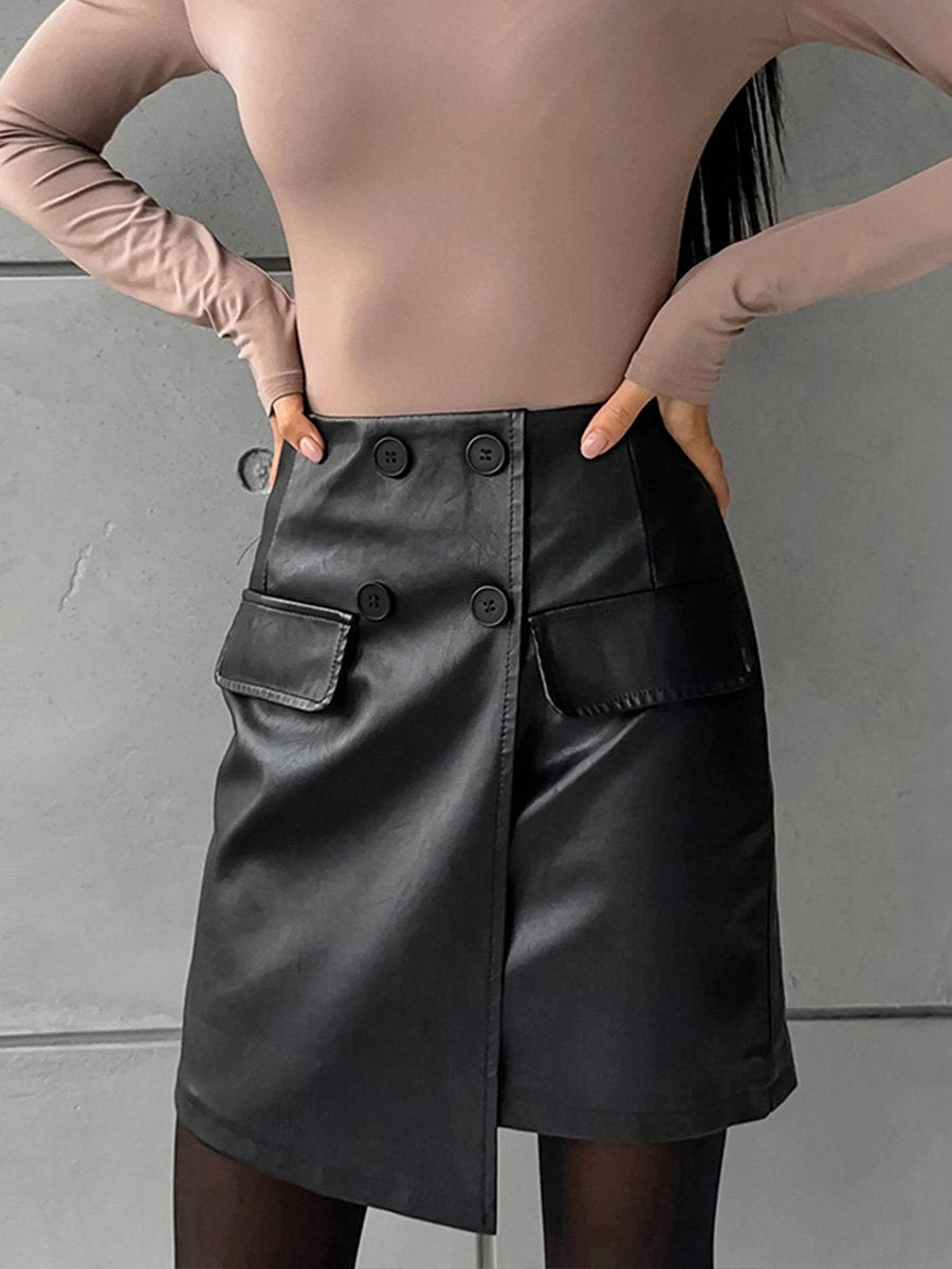 Slim Fit Leather A-line High Waist Hip Skirt