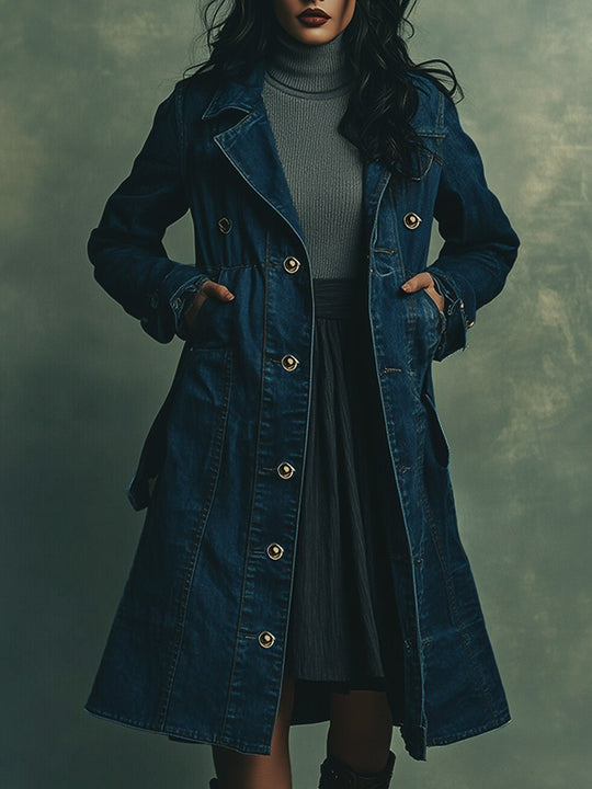 Casual Retro Denim Multi-pocket Midi Coat