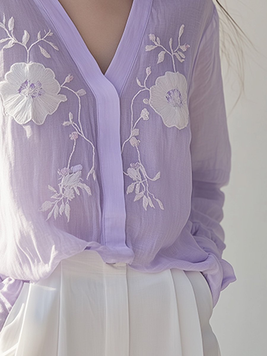 Delicate Lavender Floral Embroidered Blouse