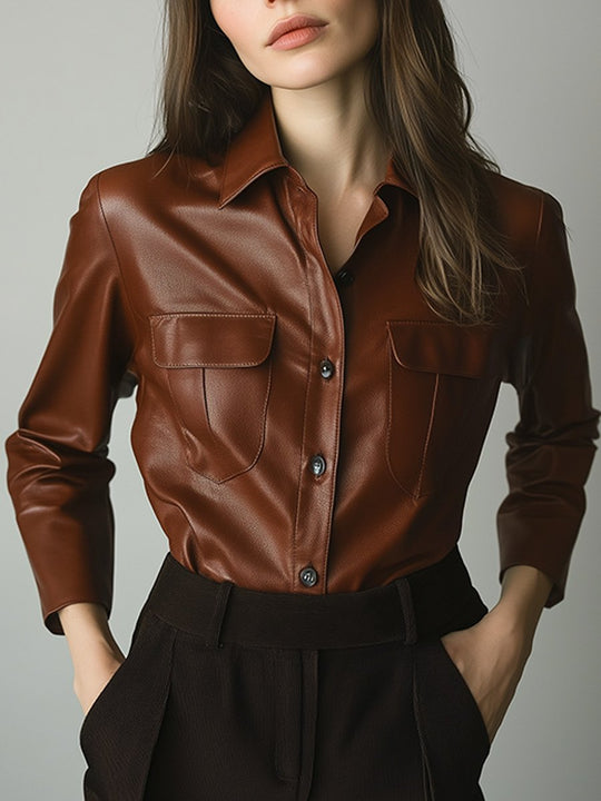 Vintage Casual Brown Leather Shirt