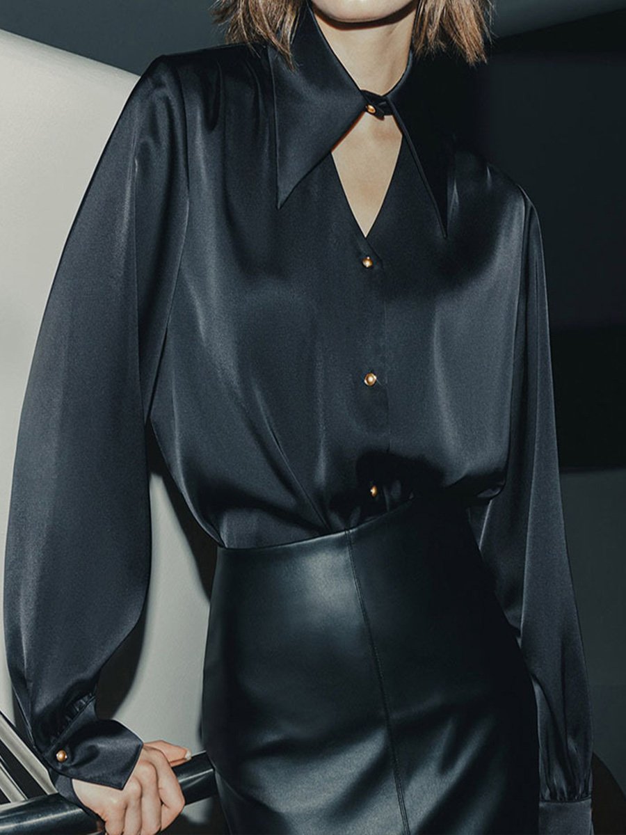 Temperament Lapel Satin Long-sleeved Shirt