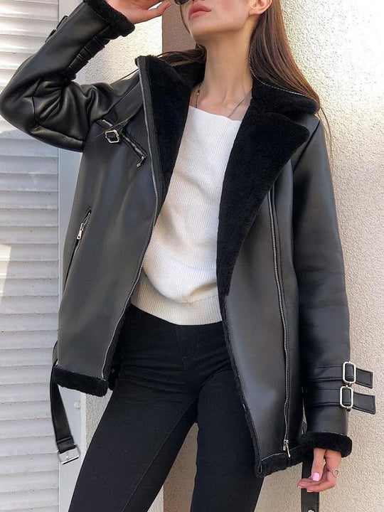 Suede Lapel Zipper Long Sleeve Solid Color Jacket