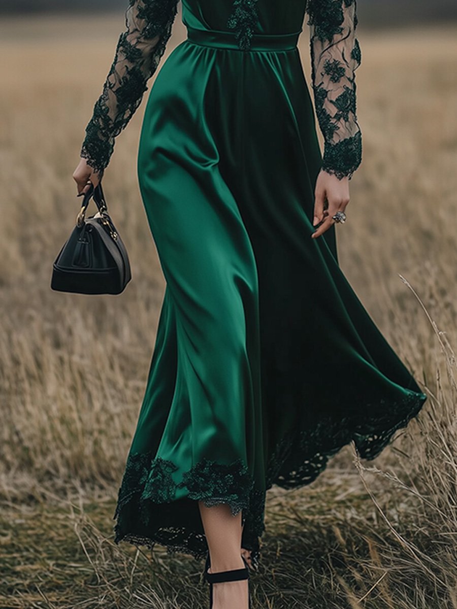 Emerald Satin Maxi Dress with Lace Sleeves