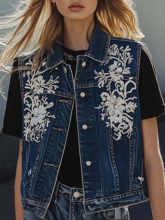 Boho-Chic Embroidered Denim Vest