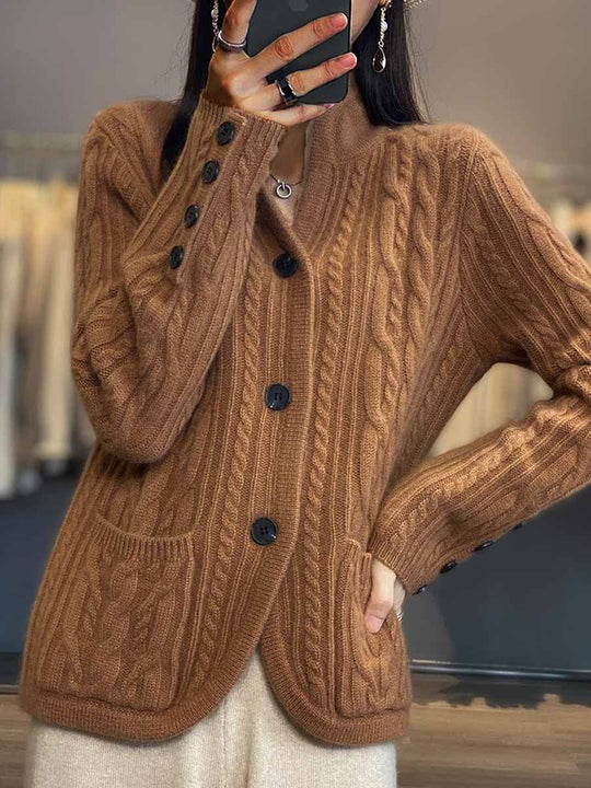 Braided Button Stand Collar Knitted Cardigan