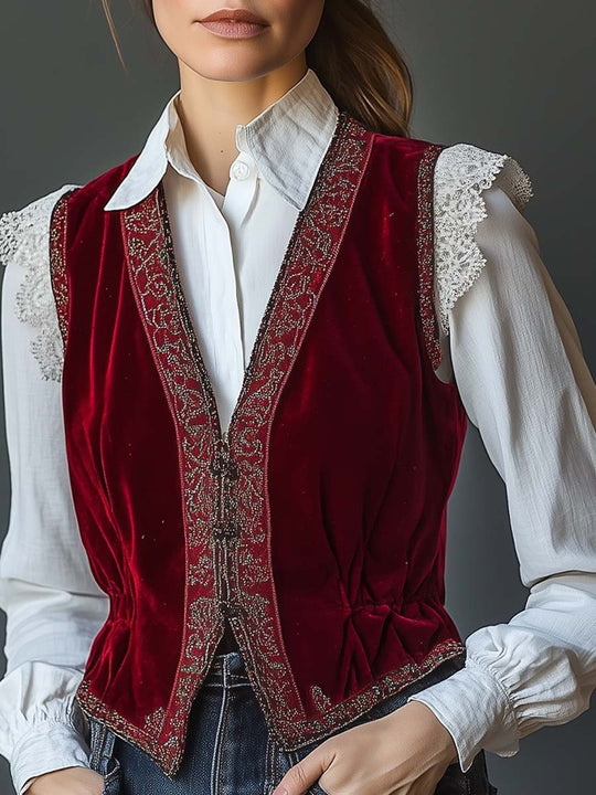 Regal Red Velvet Embroidered Vest