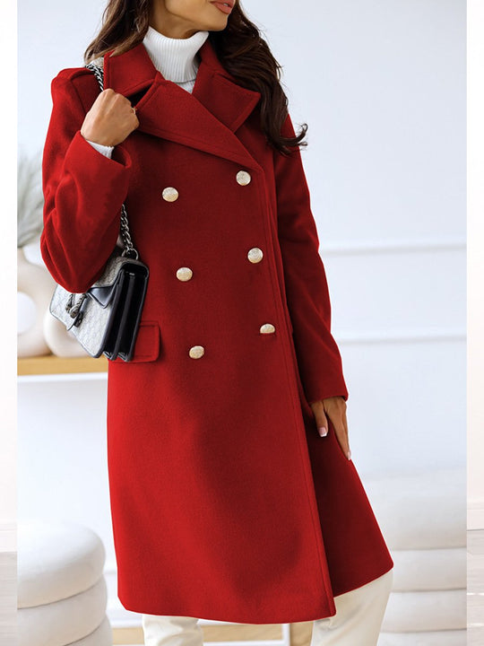 Lapel Double-breasted Simple Long-sleeved Woolen Coat