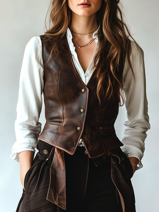 Vintage Single-breasted Side Pockets Leather Vest