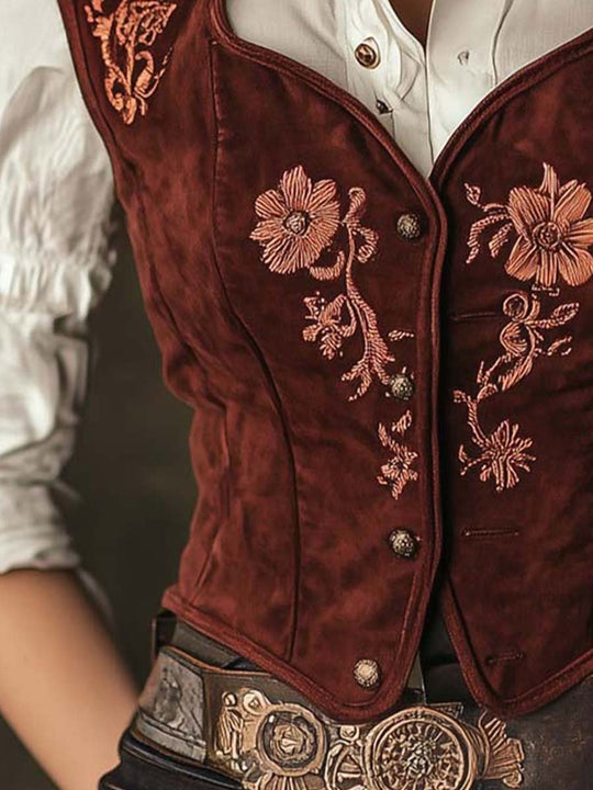 Women's Embroidered Slim Fit Suede Vest