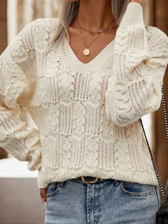 V-Neck Textured Cutout Back Tie Sweater